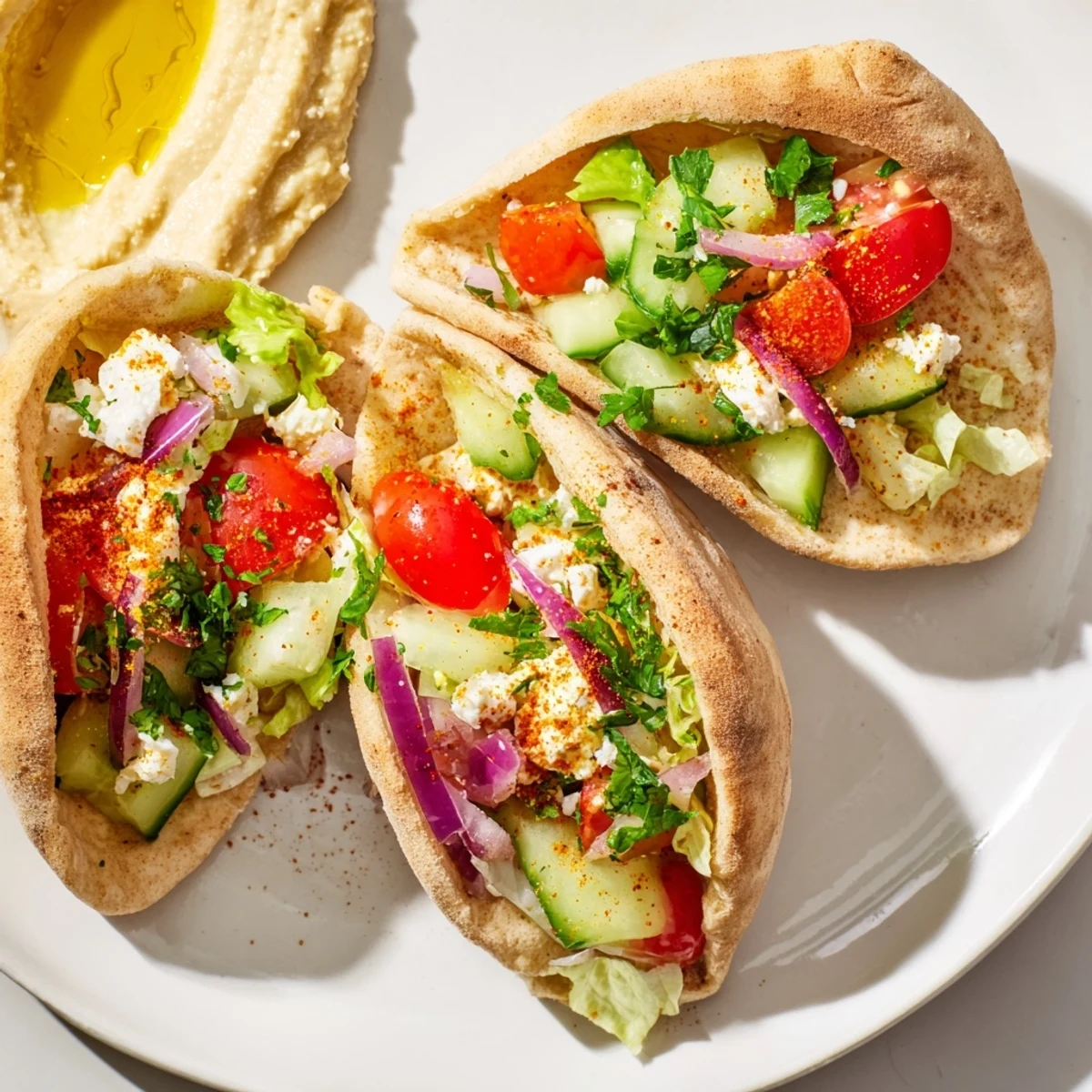 Close-up of a delicious Savory Board, featuring soft pita pockets and various colorful hummus varieties, perfect for dipping.