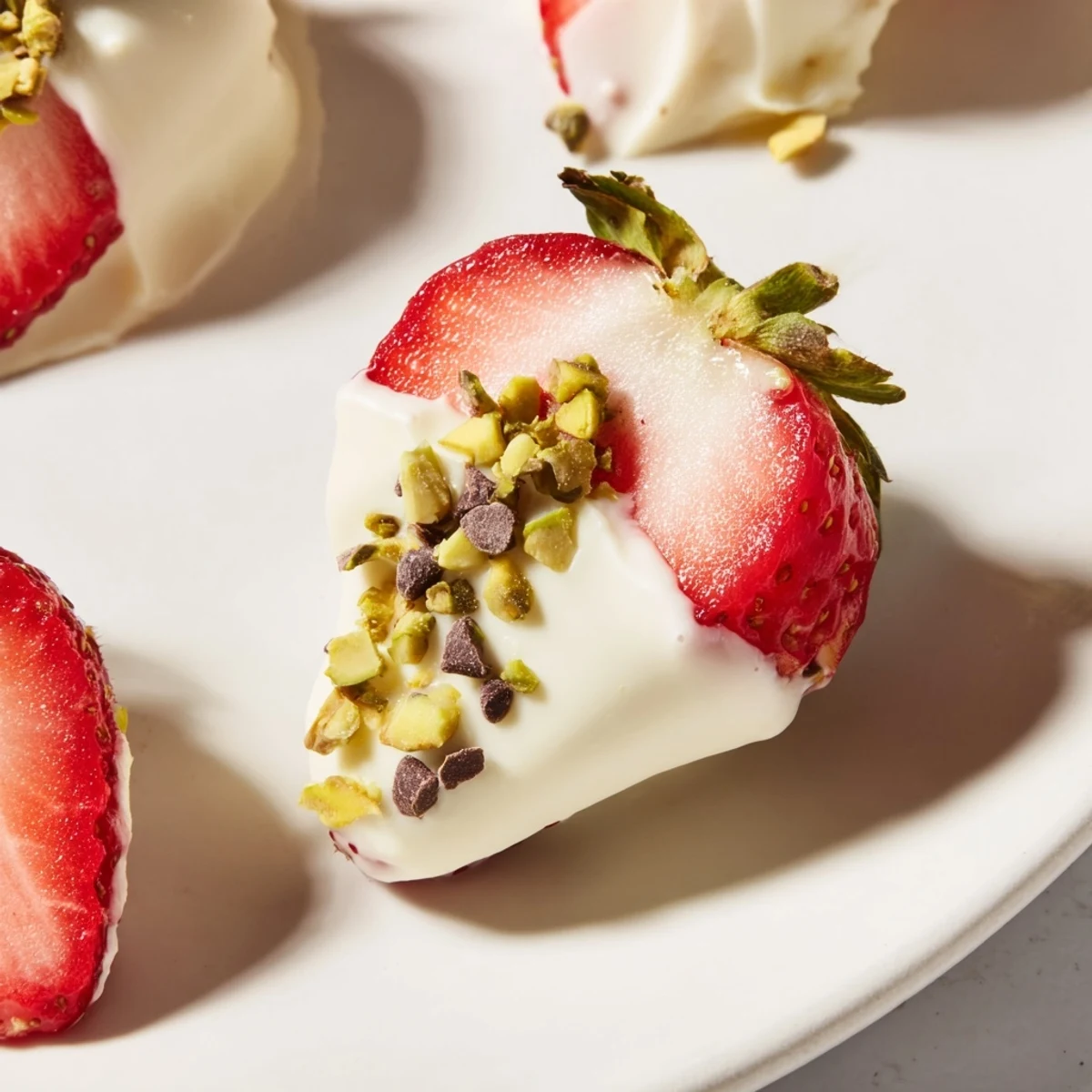 Creamy yogurt-dipped strawberry half-circles, a perfect frozen summer dessert, offering delightful bursts of flavor.