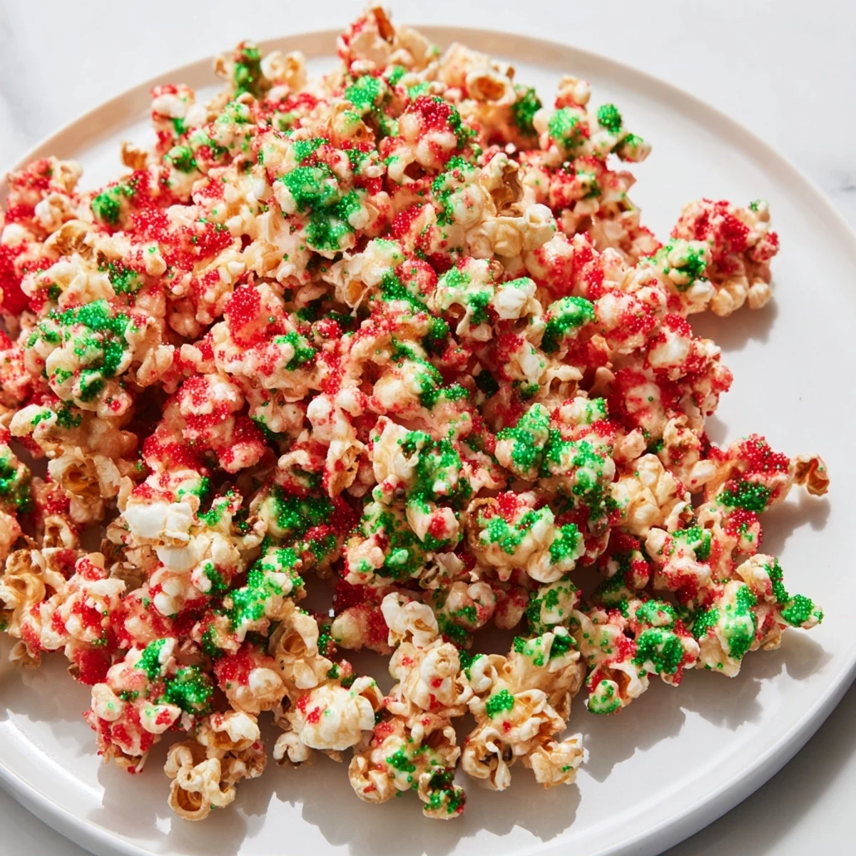 A delightful close-up of festive Popcorn Piles, coated in sweet syrup and topped with colorful sprinkles.