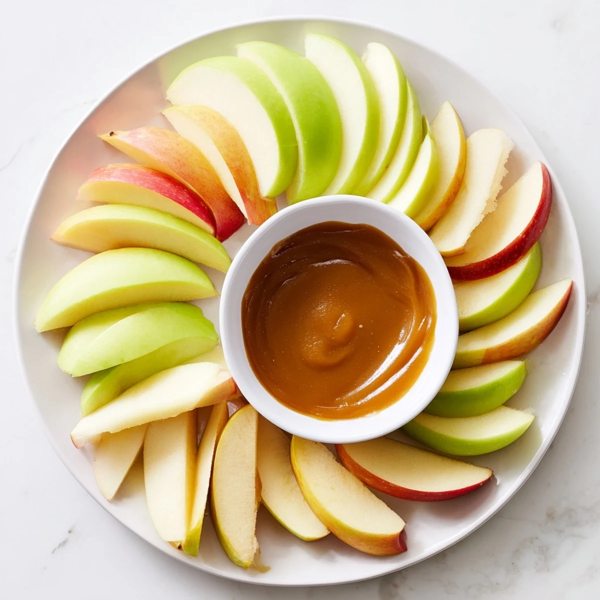 This image shows golden-brown caramel dip beckoning alongside colorful Apple Slices, ready to enjoy.
