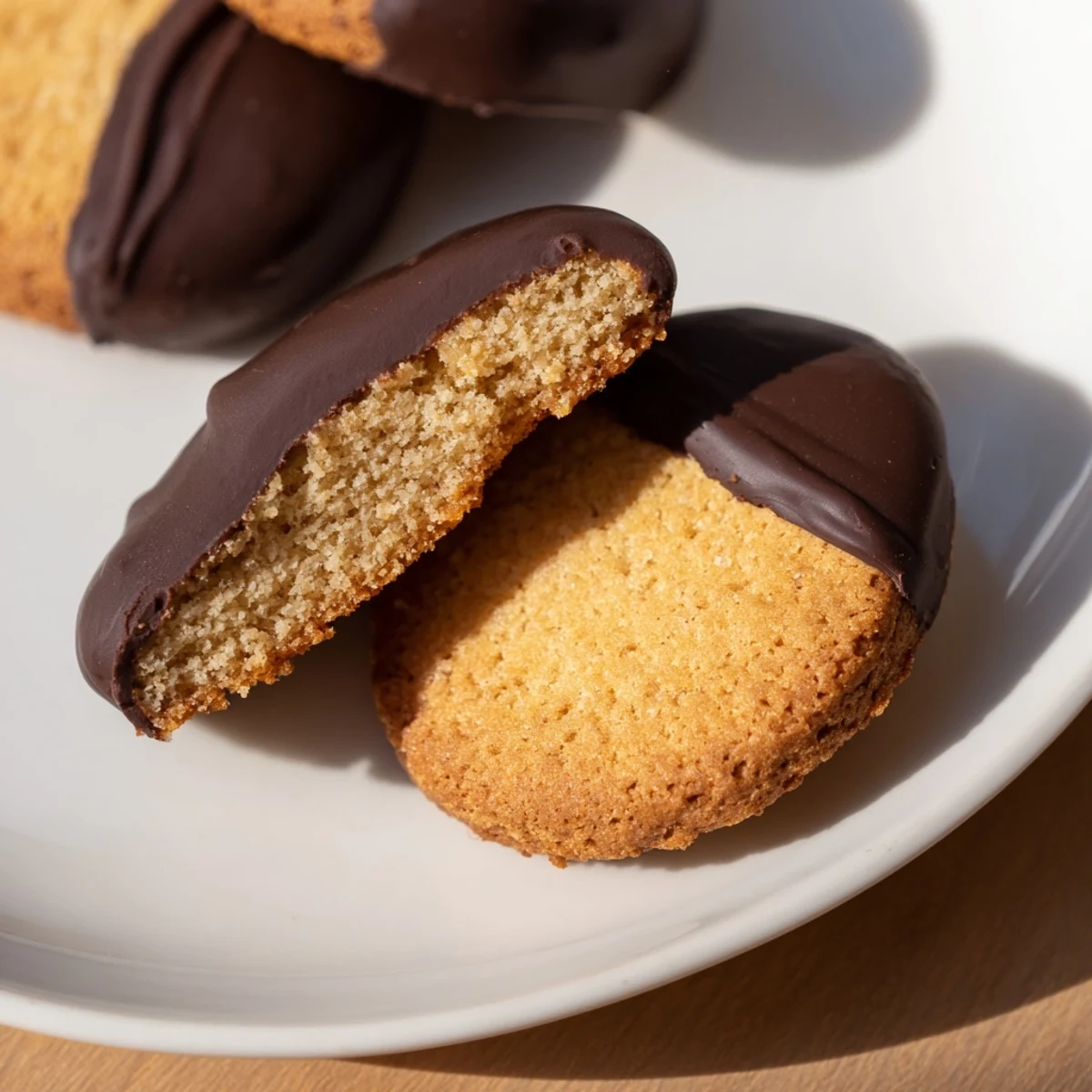 Golden-edged Simple Cookies: Vanilla Wafers, half dipped in glossy, decadent melted chocolate.