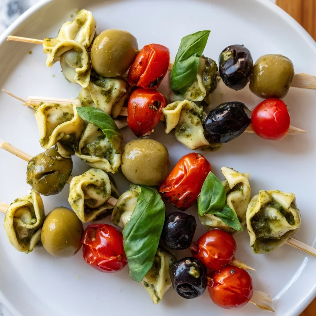 Appetizer Skewers showing colorful tortellini, pesto-covered pasta, juicy tomatoes, and olives ready to enjoy.
