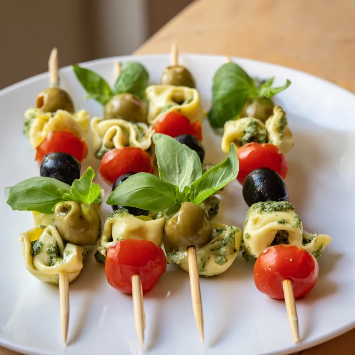 Close-up of appetizing Tortellini, Pesto, and Olive Appetizer Skewers, perfect for a party, with bright colors.