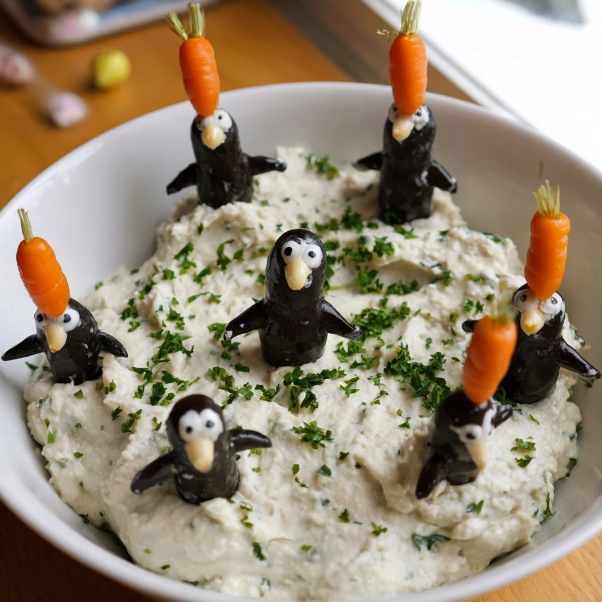 A photo of a creamy Winter Dip with cute olive penguin garnishes, perfect appetizer.