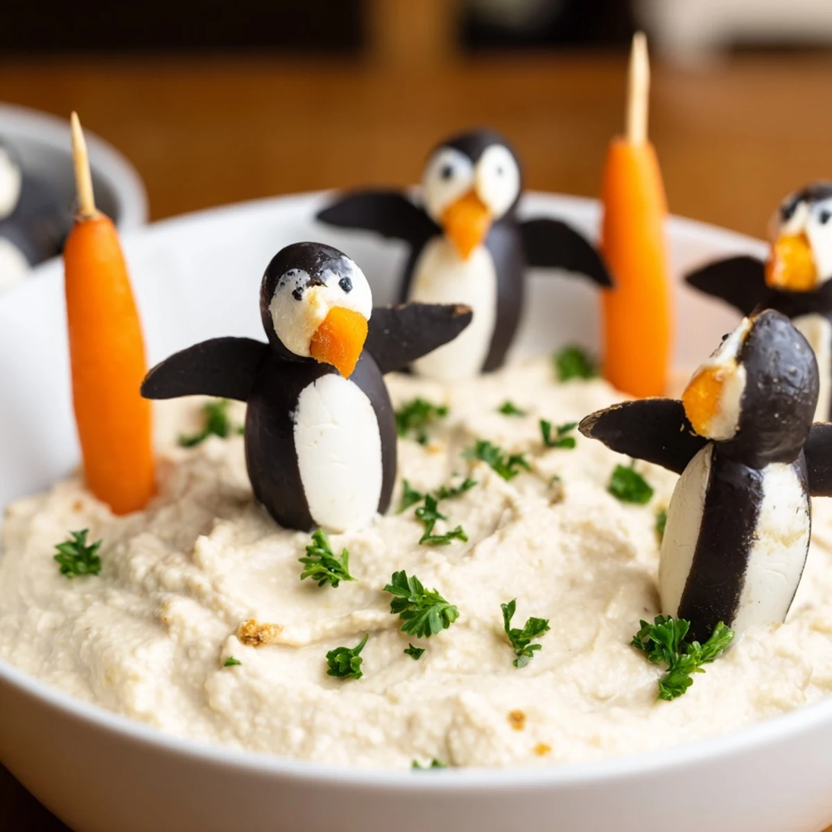 Vibrant image of Winter Dip: A Mediterranean-inspired white bean dip with edible penguin decor.