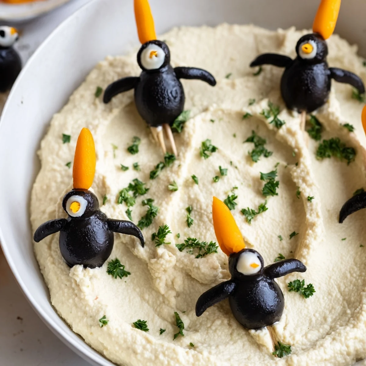 This Winter Dip, a smooth white bean dip, is festively topped with olive penguins.