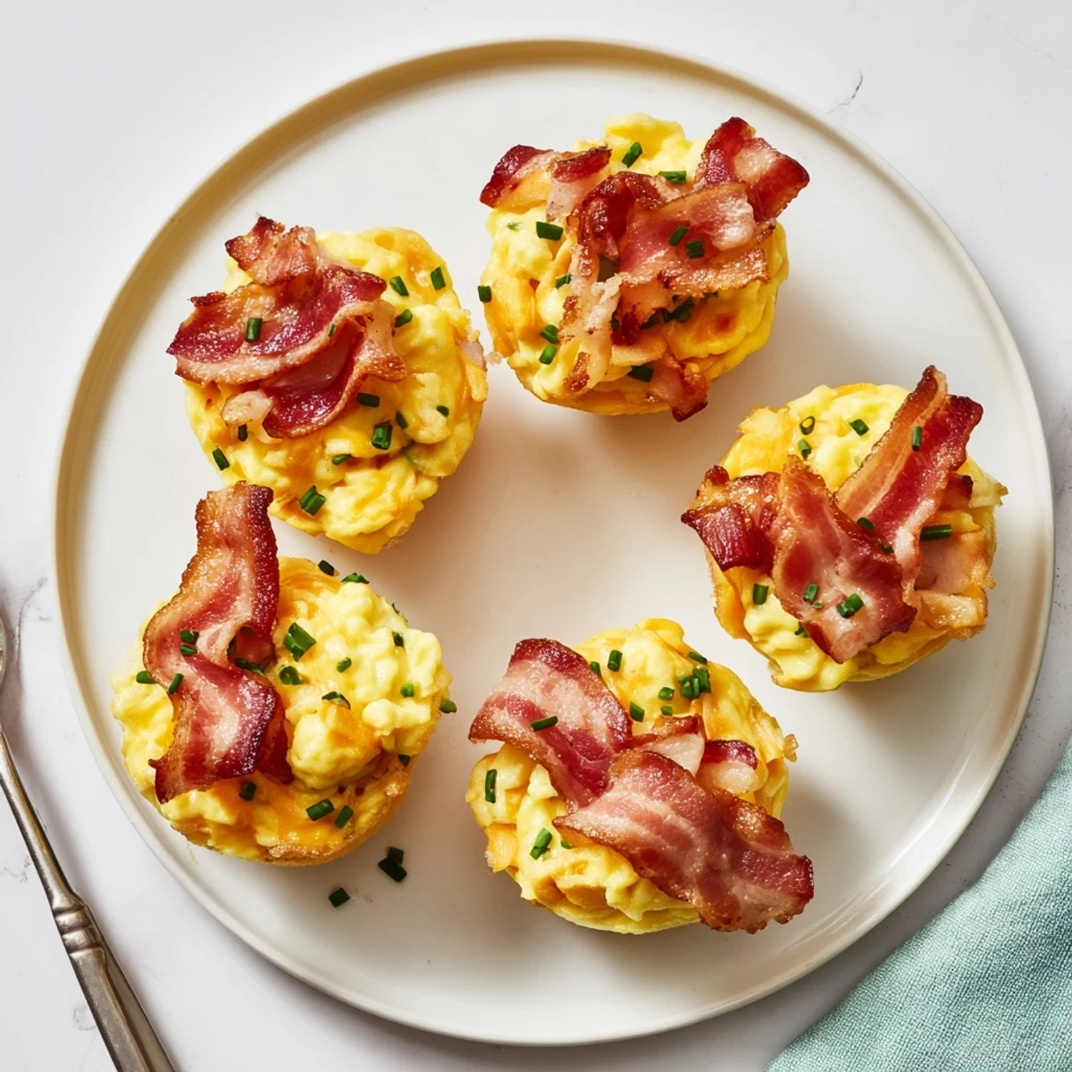 Golden-brown Scrambled Egg Cups with crispy bacon, a savory, easy American brunch side.