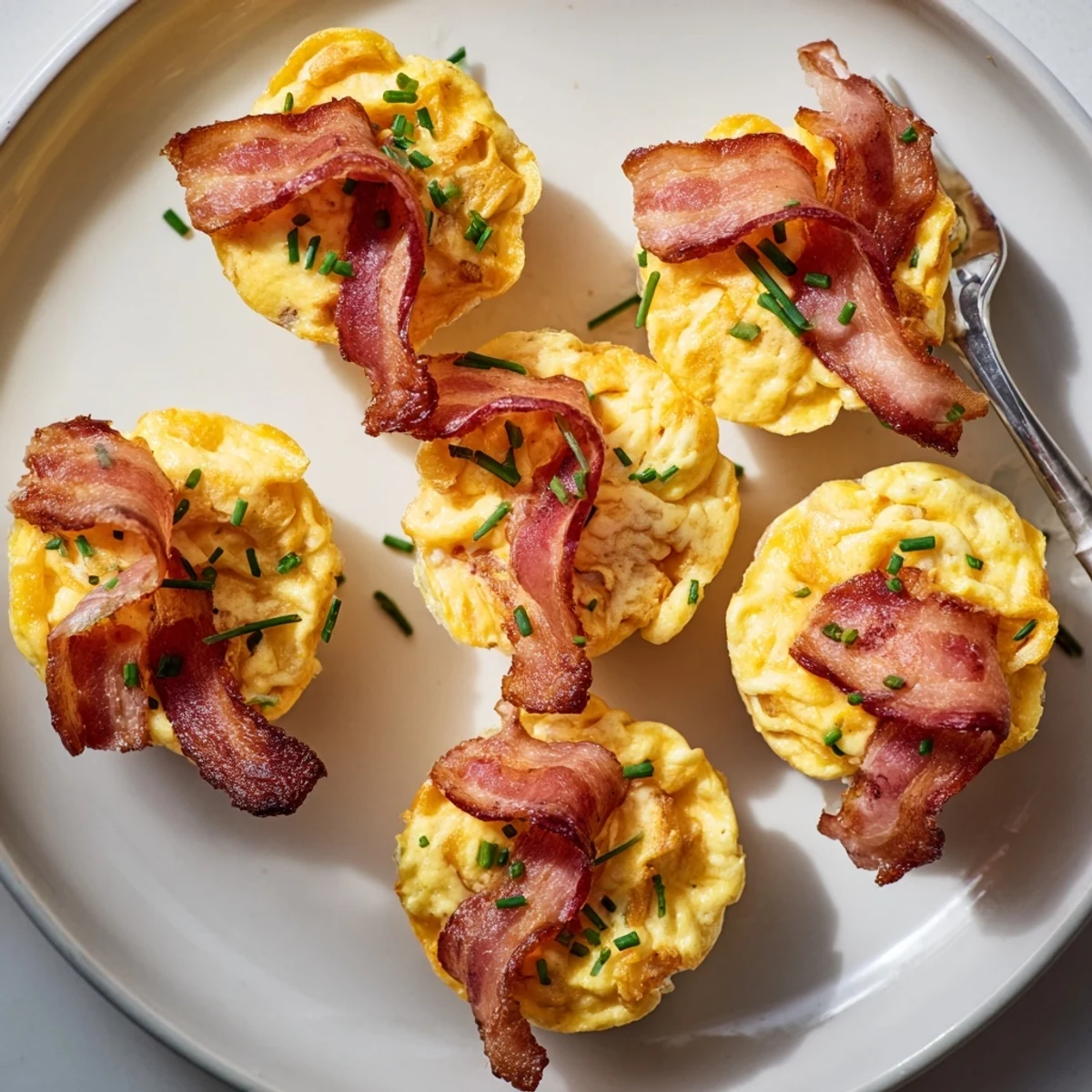Freshly baked Scrambled Egg Cups, topped with bacon spirals: a flavorful, gluten-free brunch option.