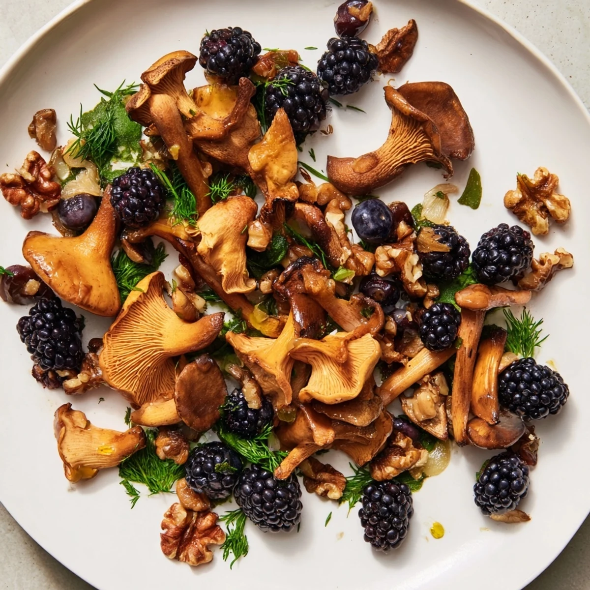 Northwest Forest Forager appetizer, earthy mushrooms nestled with berries and toasted nuts, forest-like presentation.