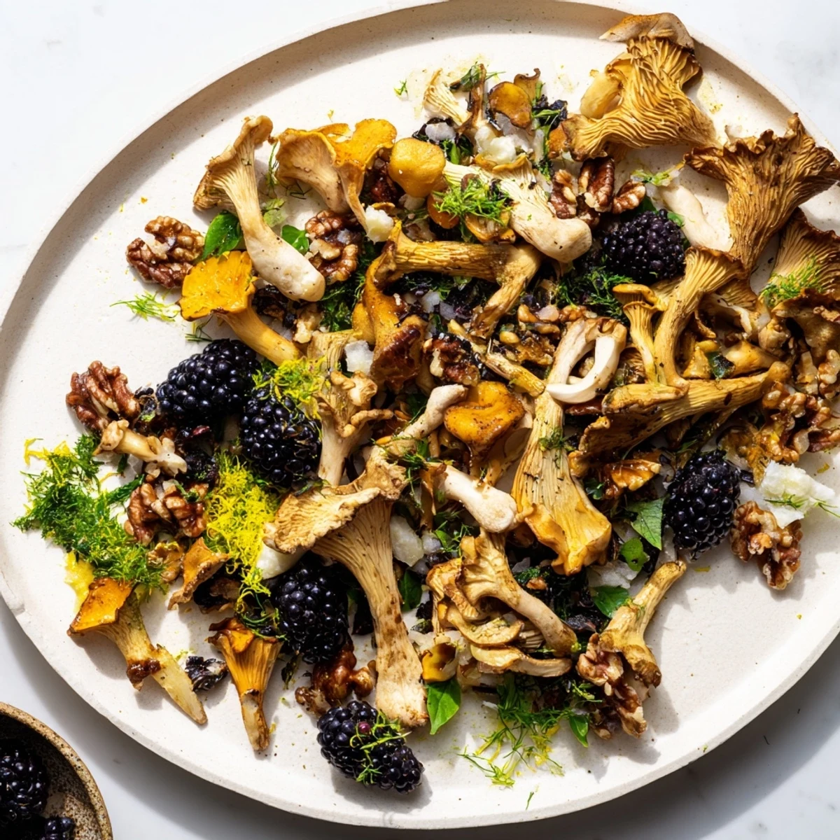 Vivid image of Northwest Forest Forager; an artful vegetarian appetizer of mushrooms, berries, and forest herbs.