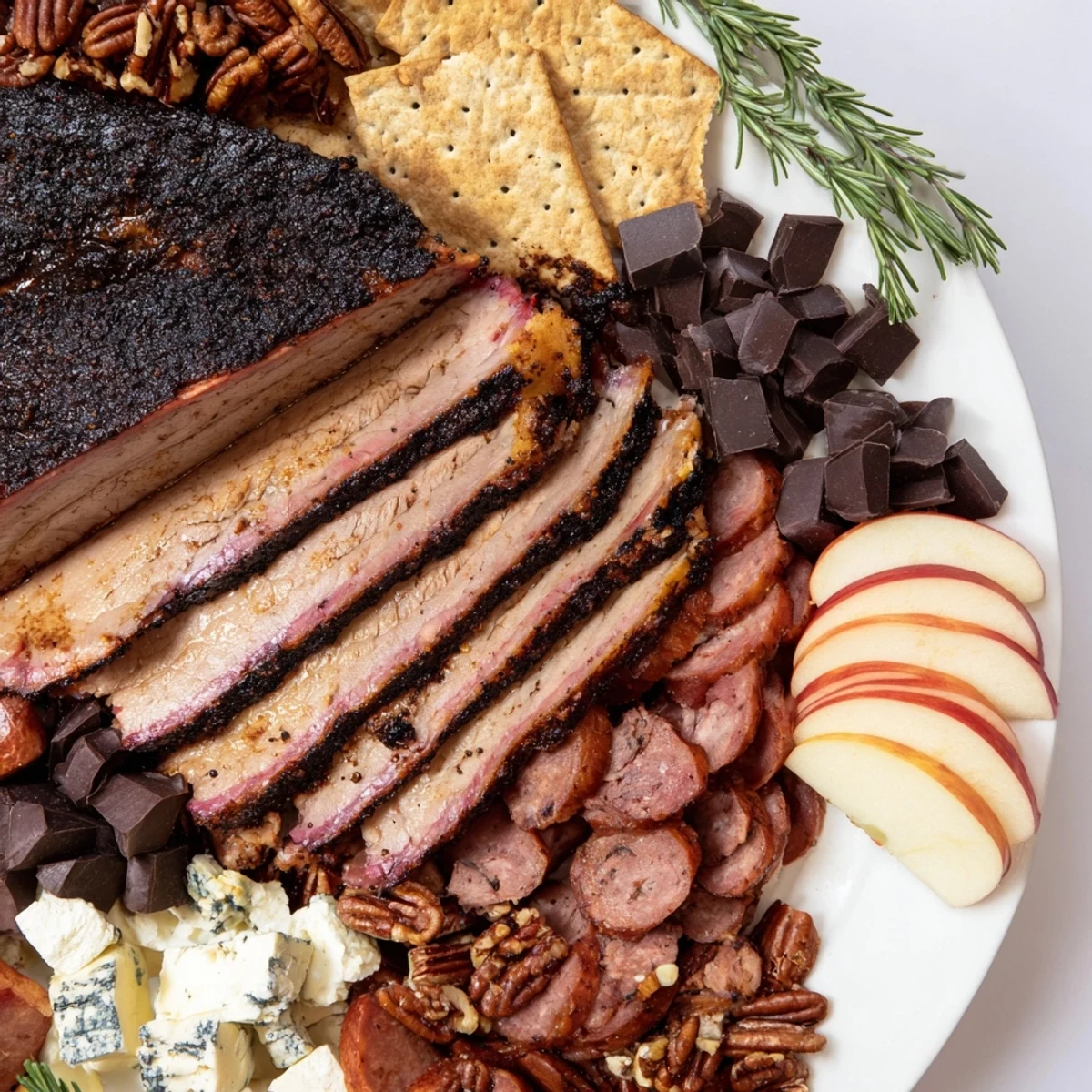 Smoky BBQ & Bourbon Companion charcuterie board, a delicious spread of meats, cheeses, and candied pecans.