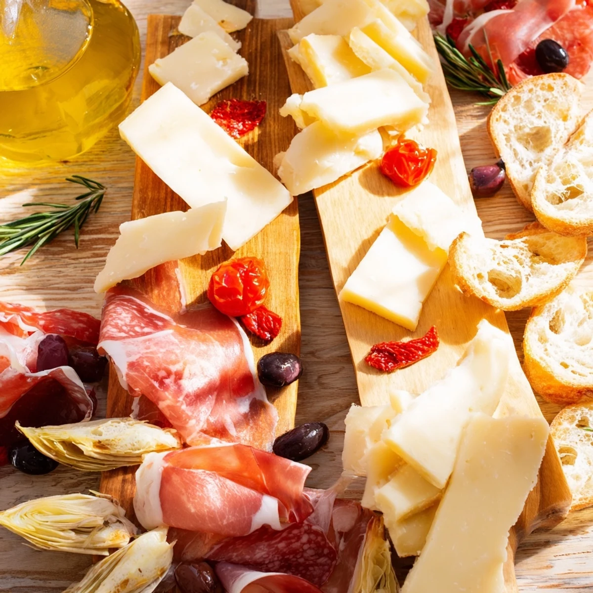 Served on a wooden board, this Rustic Italian Farmhouse Board showcases tempting cheeses, cured meats, and fresh garnishes.