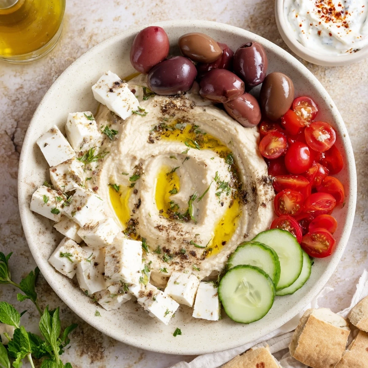 Mediterranean Mezza Platter with colorful vegetables, creamy dips, and warm pita bread.