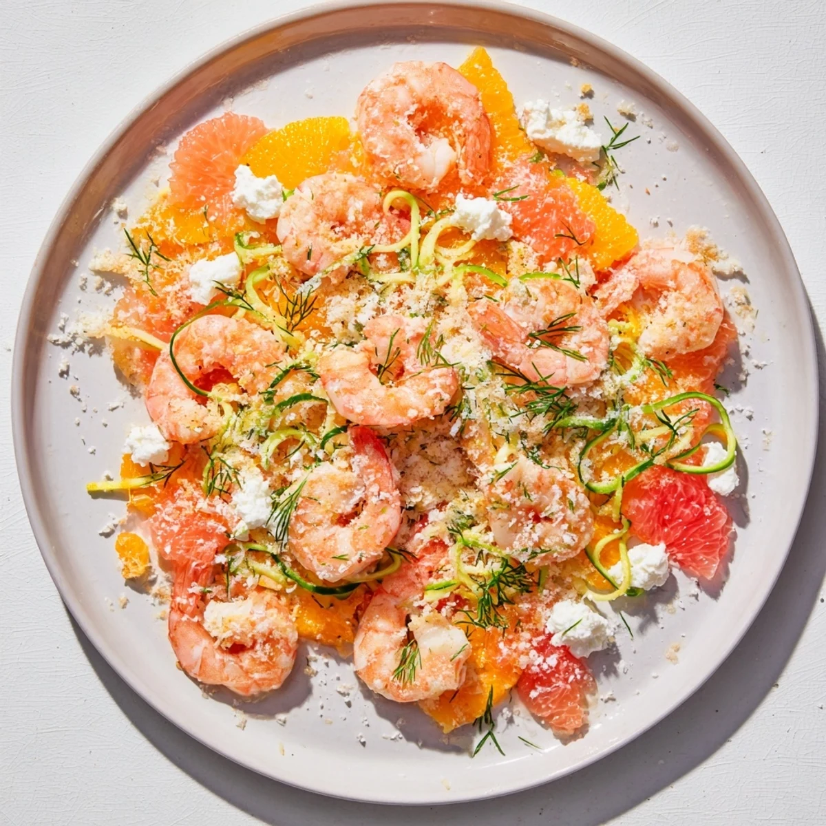 Tender pink shrimp and citrus beautifully compose a vibrant The Coral Reef seafood dish.