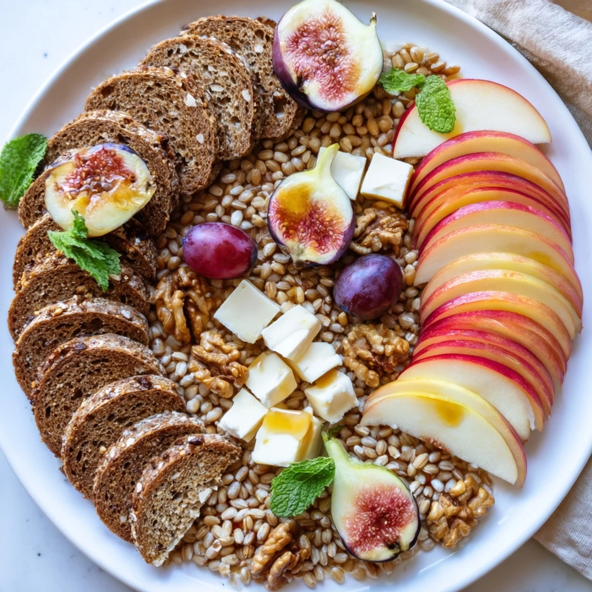 A rustic "Harvest Scythe" arrangement displays bread, grains, and fruits perfect for a party appetizer.
