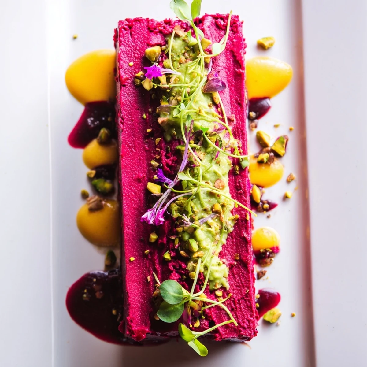 A visually appealing Modernist Stripe with layers of colorful vegetable purées and fresh garnishes.