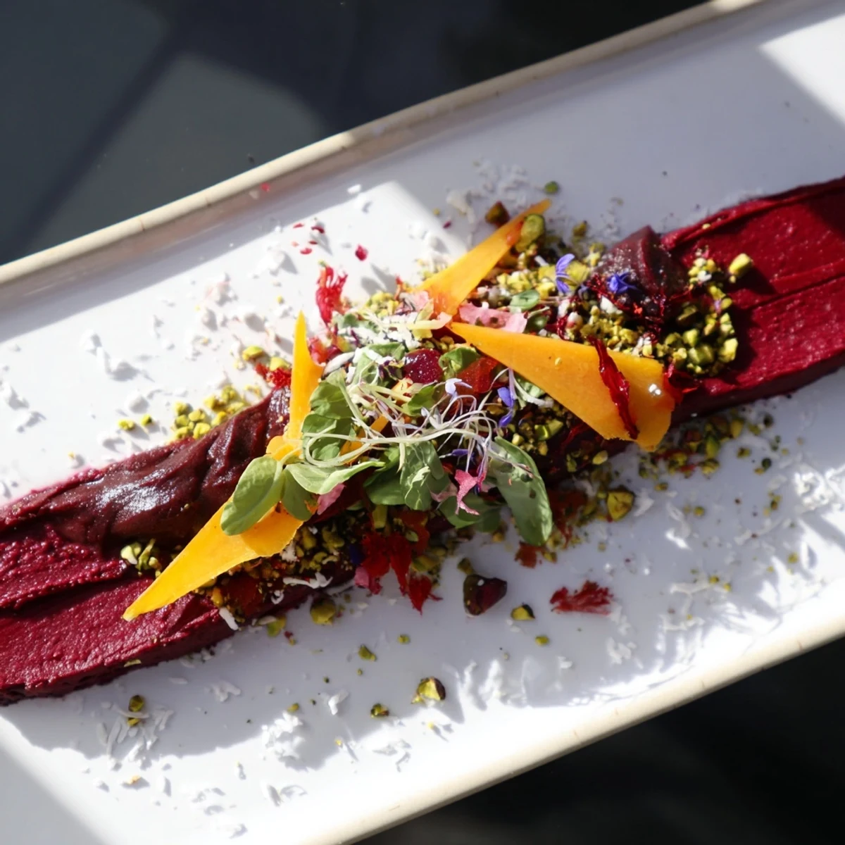 On a serving board, the Modernist Stripe dish artfully displays textured purées for an elegant meal.