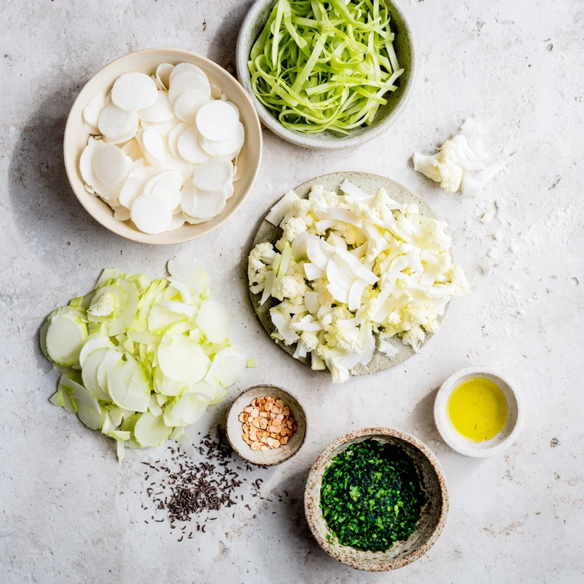 The Tundra Trek: a chilled salad with thinly sliced vegetables and sesame seeds, ready to eat.