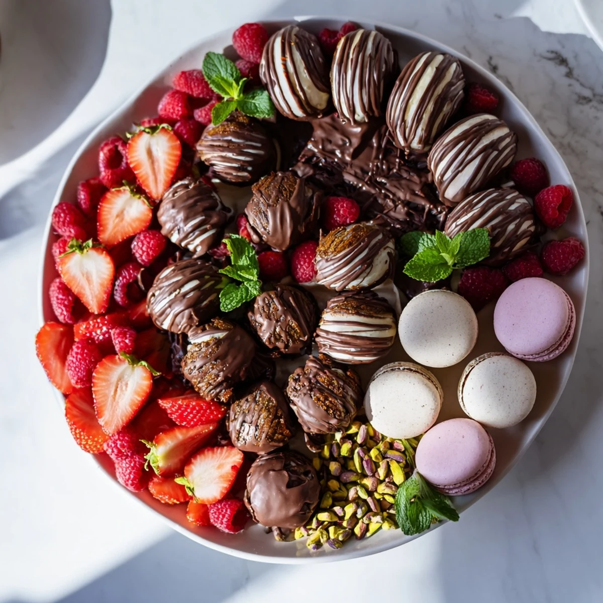 A glistening Sweet Dessert Decadence platter features a rainbow of fruits, brownies, and decadent chocolate swirls.
