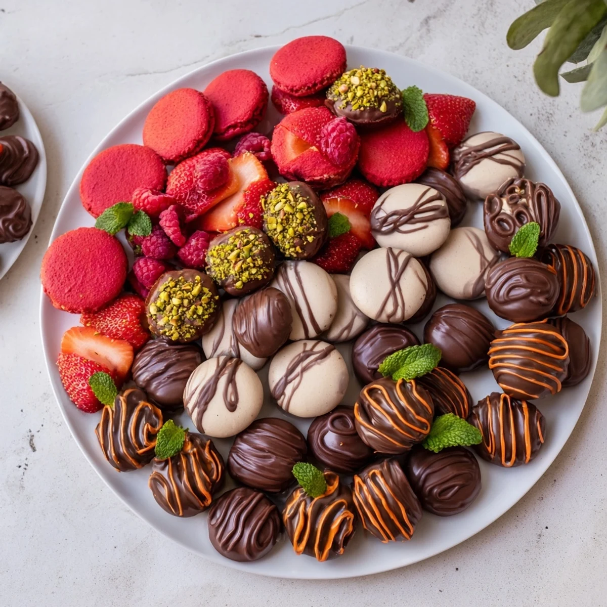 Indulge in this Sweet Dessert Decadence, with artful fruit placement, garnished with pistachios and drizzles, ready to serve.