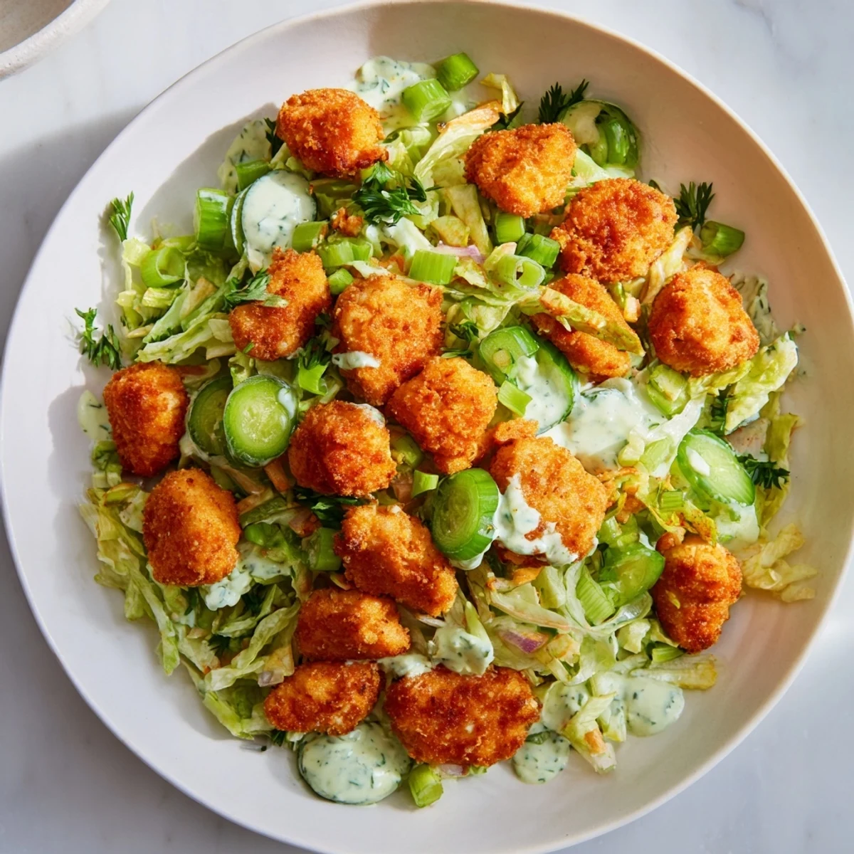Air-fried crispy chicken nuggets atop vibrant Green Goddess salad, ready to enjoy for lunch.