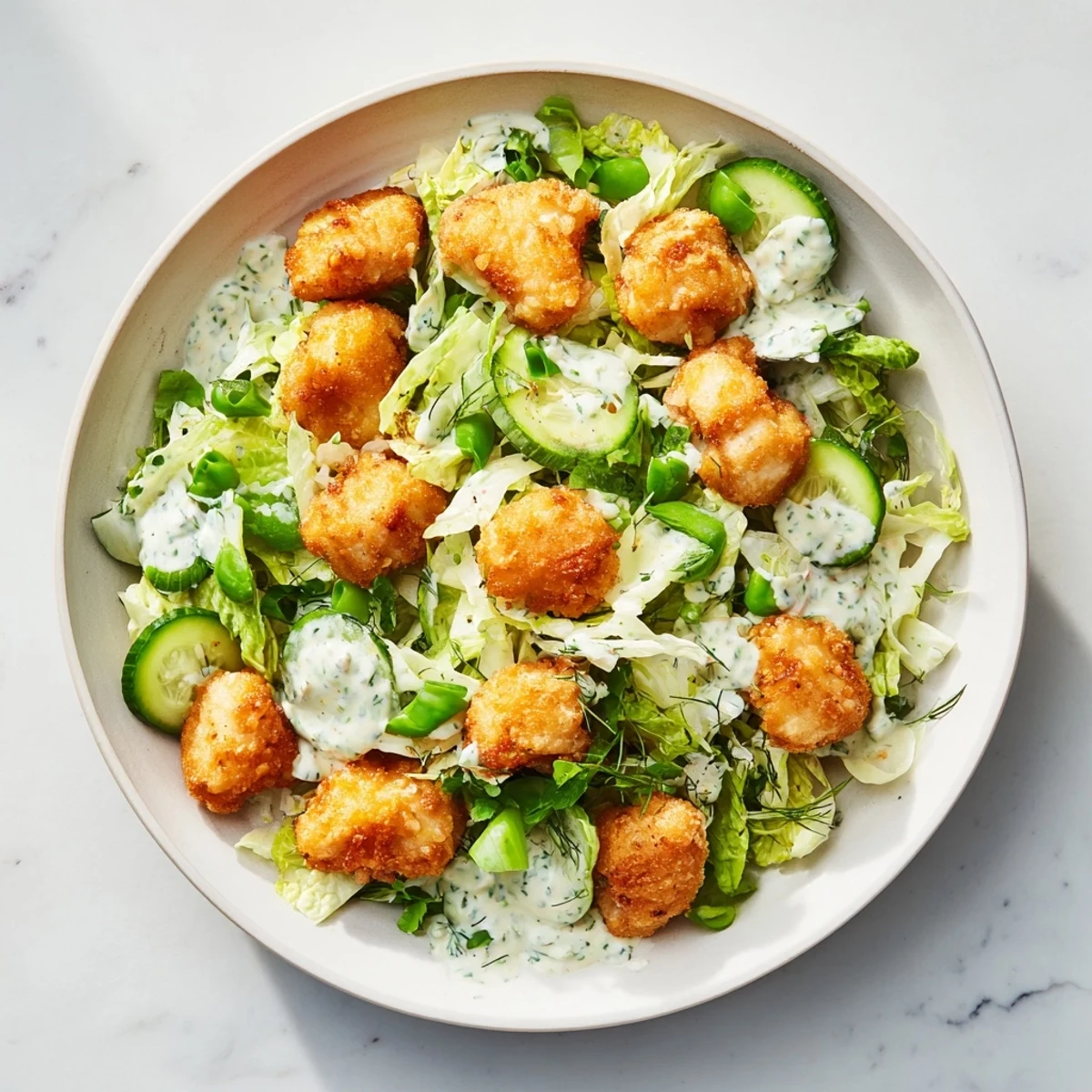 Fresh and colorful Green Goddess Nugget Salad, perfect for a light dinner, with crunchy air-fried nuggets.