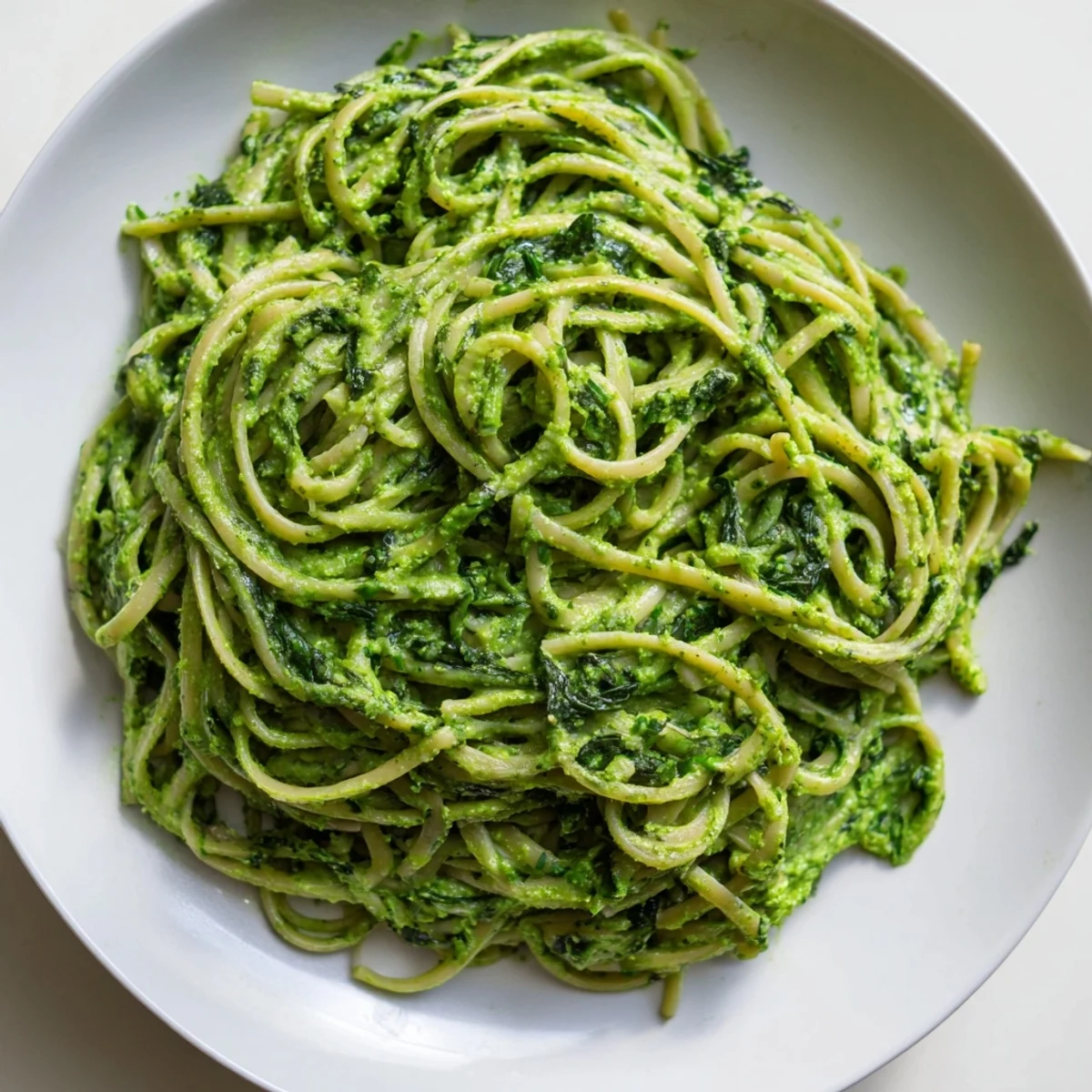 Creamy Green Goddess Pasta Sauce coats linguine, a vibrant vegetarian main dish ready to serve.