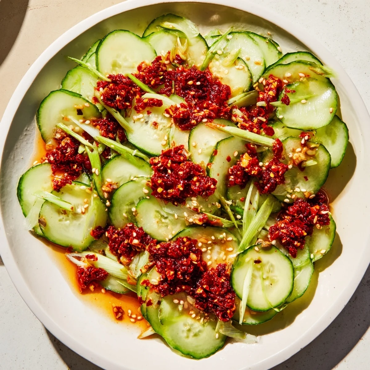 Crisp, vibrant Cucumber Shaker Salad with chili crisp offers a refreshing bite, perfect for warm days.