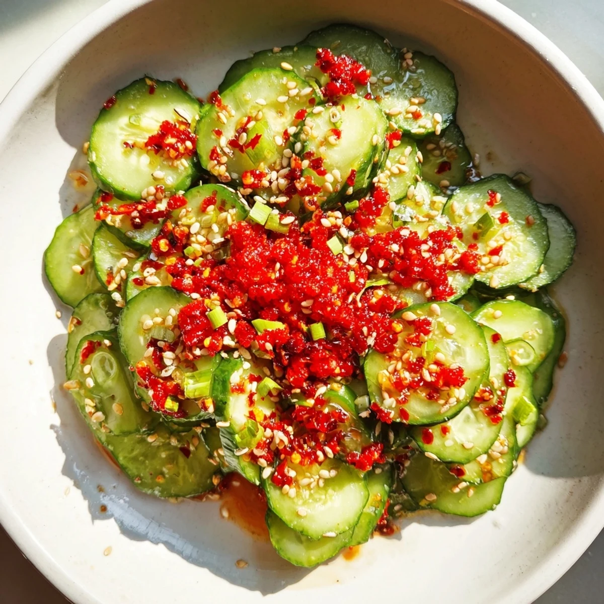 Prepare a quick and easy Asian-fusion side: a refreshing Cucumber Shaker Salad with sesame seeds on top.
