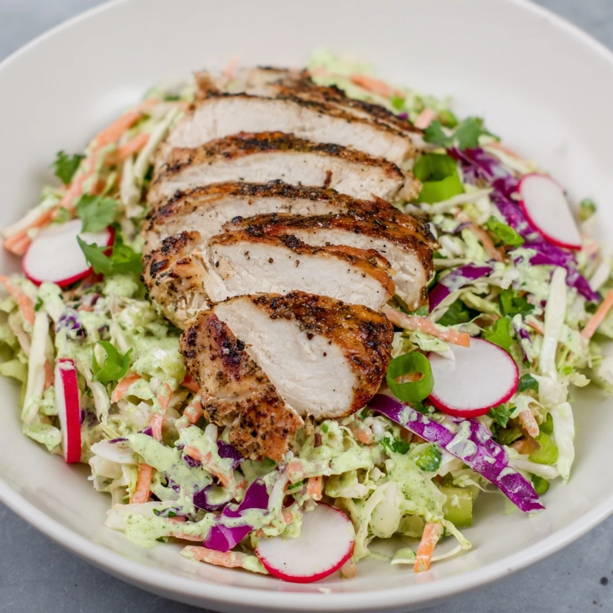 This vibrant Green Goddess Cabbage Slaw with Grilled Chicken is perfectly dressed and ready to eat!
