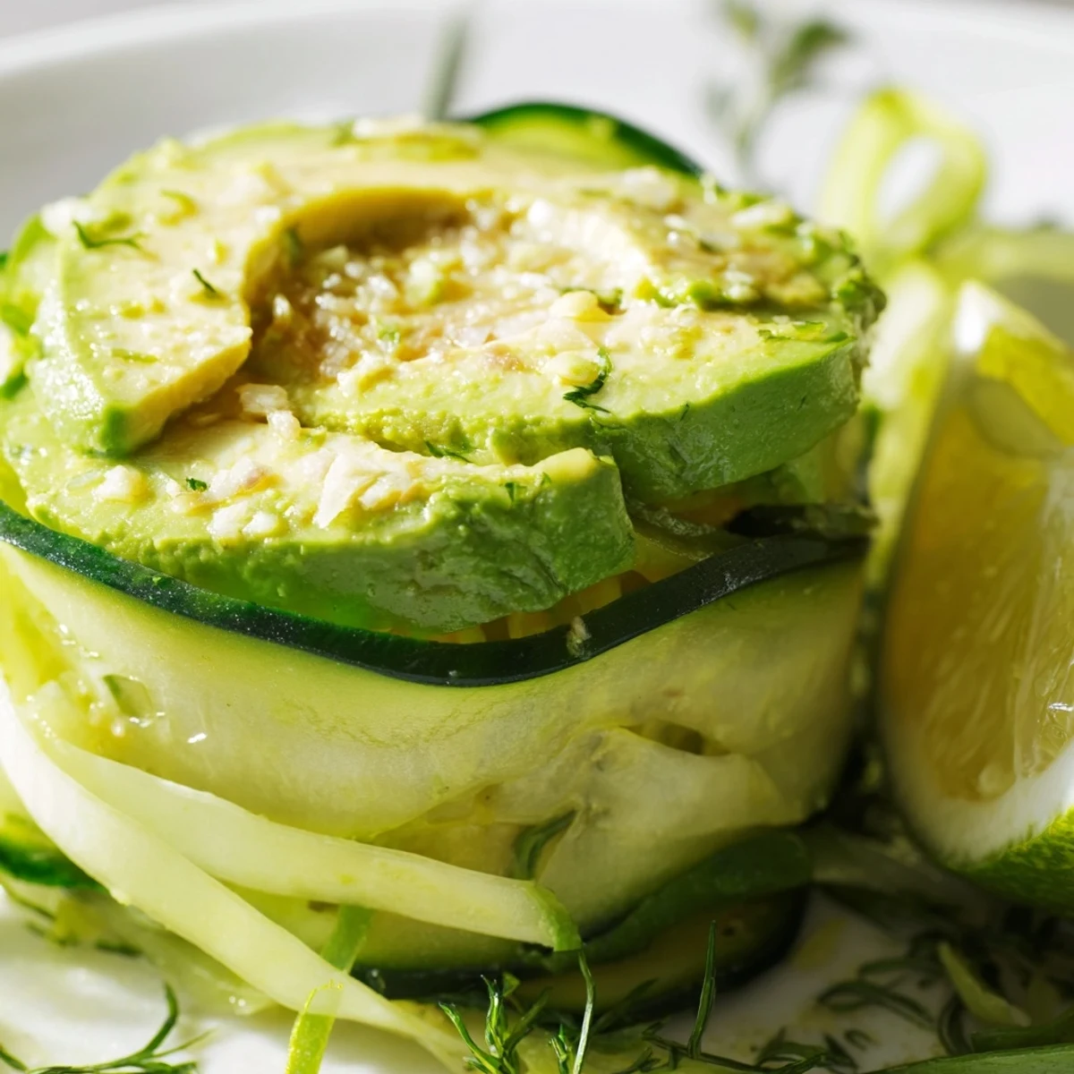 Elegant Cucumber and Fish Date Night Salad, showing colorful layers of fresh ingredients, ready to enjoy with a tangy dressing.