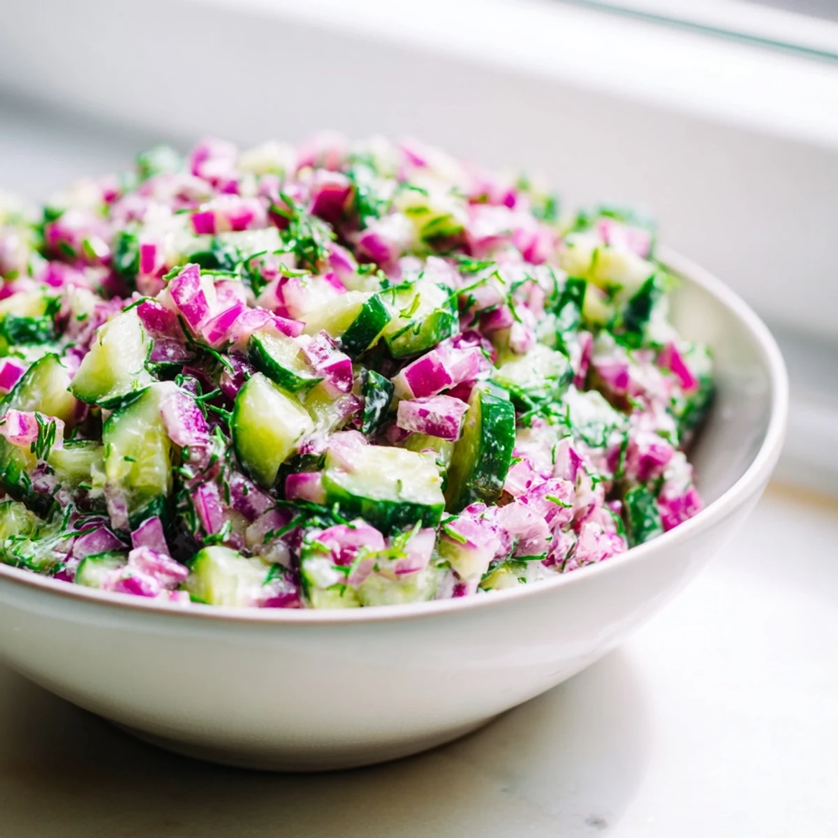 Refreshing Cucumber and Greek Yogurt Tzatziki Salad with vibrant green dill, a delicious summer side.