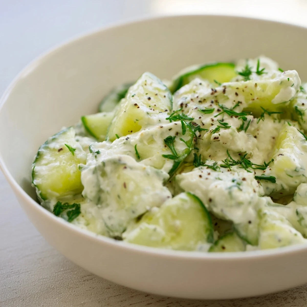Close-up of a Cucumber and Greek Yogurt Tzatziki Salad, with visible cucumber pieces and creamy texture.