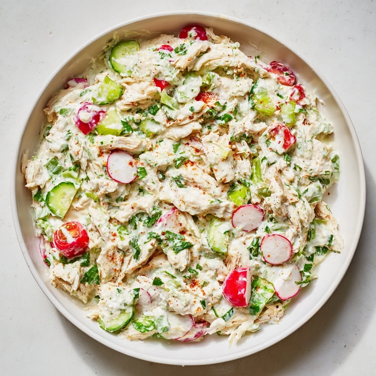 Creamy Green Goddess Chicken Nacho Dip, topped with warm shredded chicken and colorful fresh vegetables.