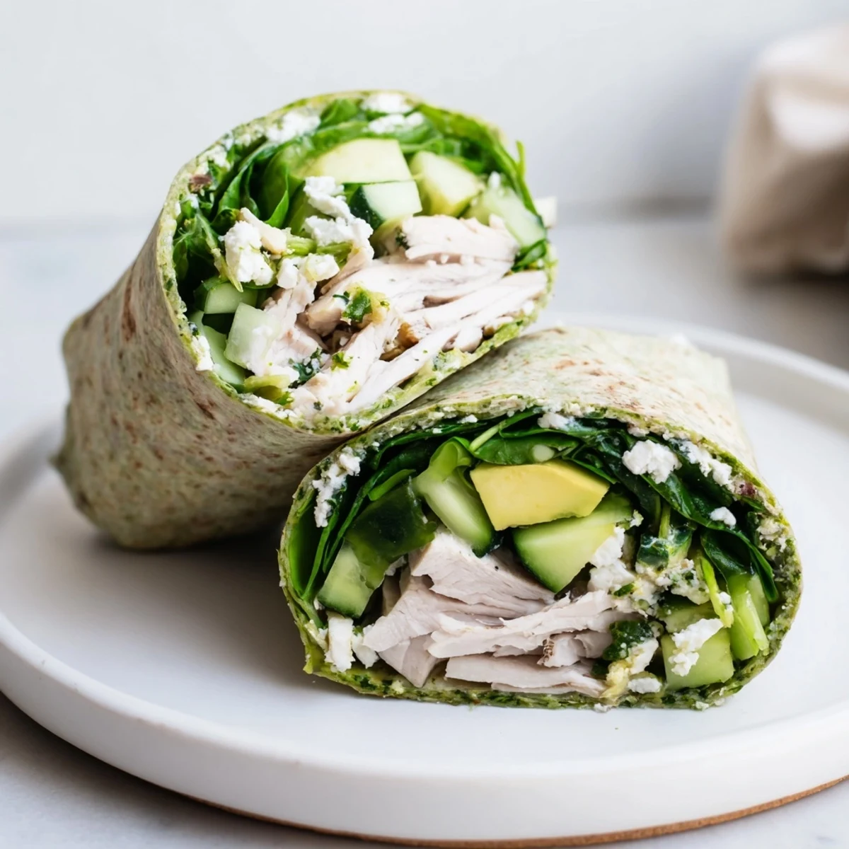Vibrant Green Goddess Wellness Wrap with juicy chicken, wrapped tightly in a whole wheat tortilla.