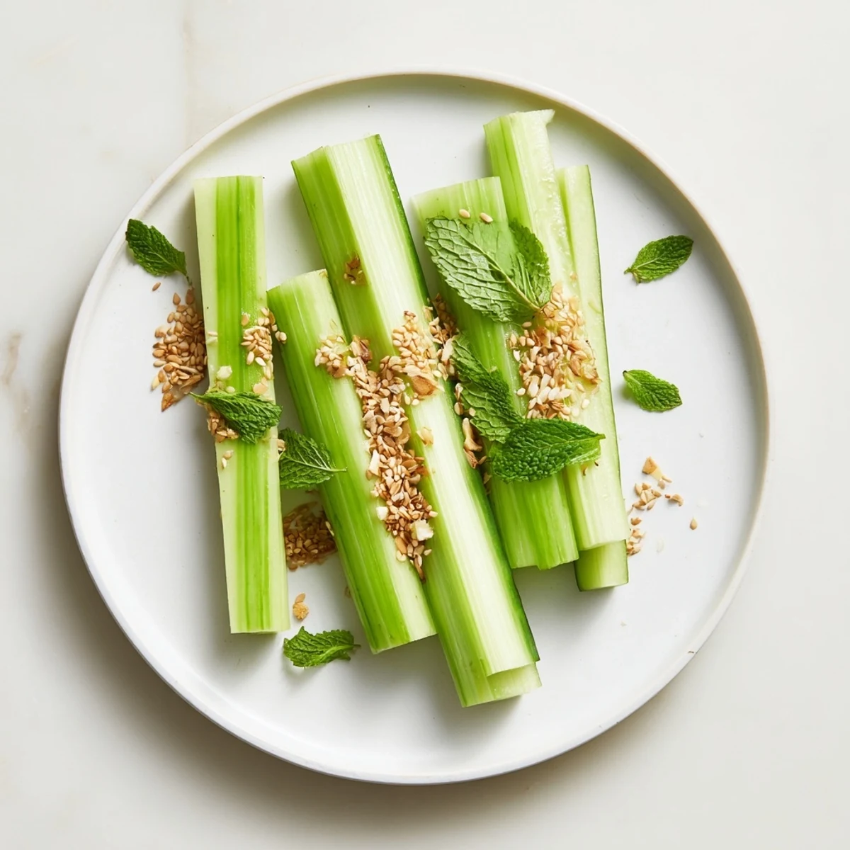 Crisp, refreshing Bamboo Zen appetizer with artfully arranged celery and cucumber sticks ready to enjoy.