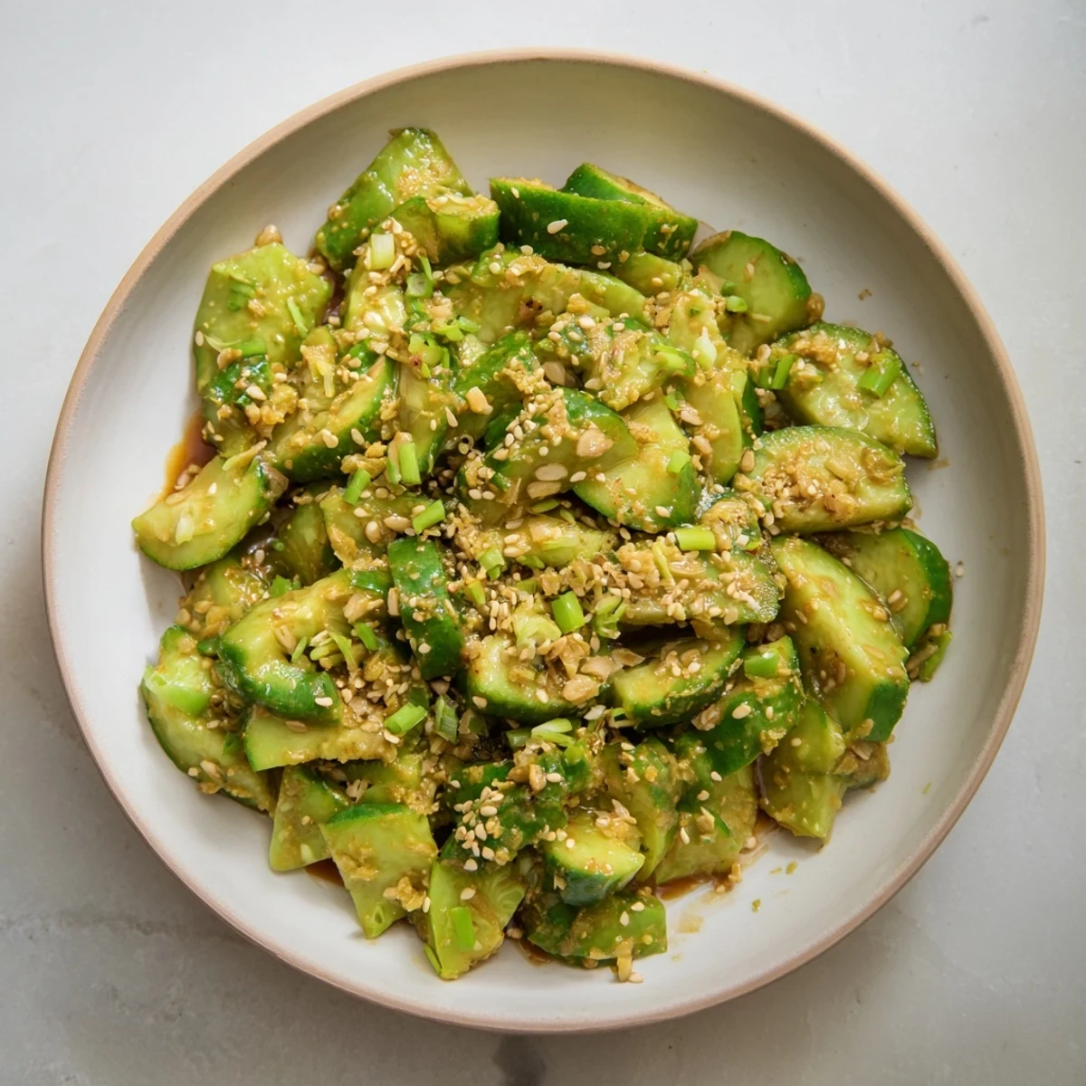 A close-up of a Cucumber Shaker, showing the bright green cucumbers tossed in the umami-rich MSG dressing.