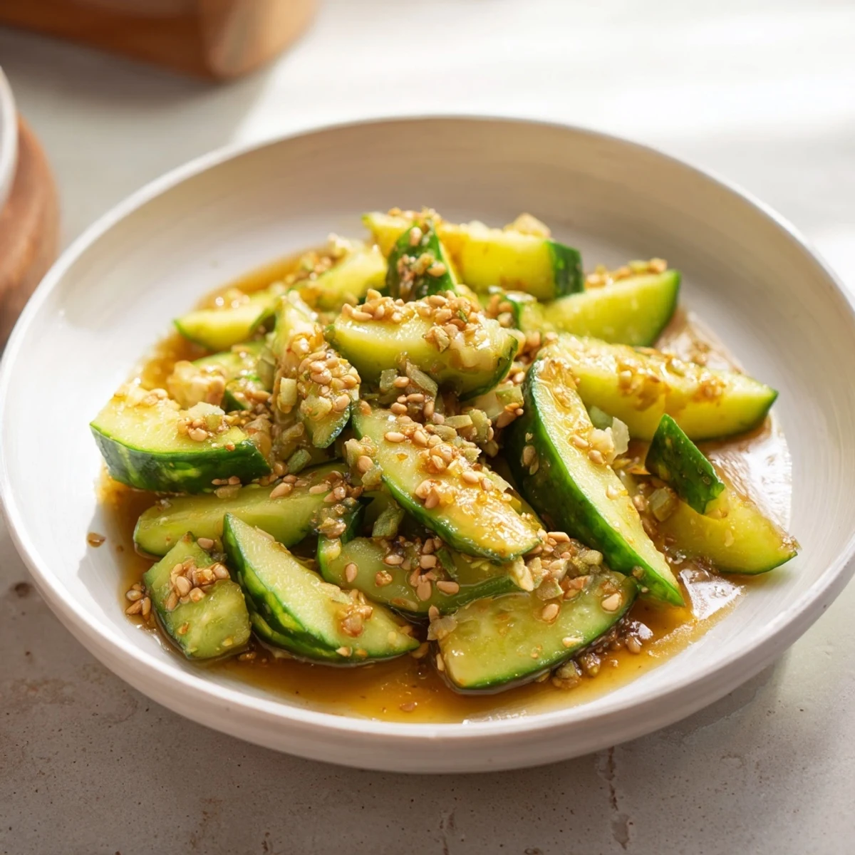 Cucumber Shaker salad glistening, a refreshing side bursting with rice vinegar and savory MSG flavors.
