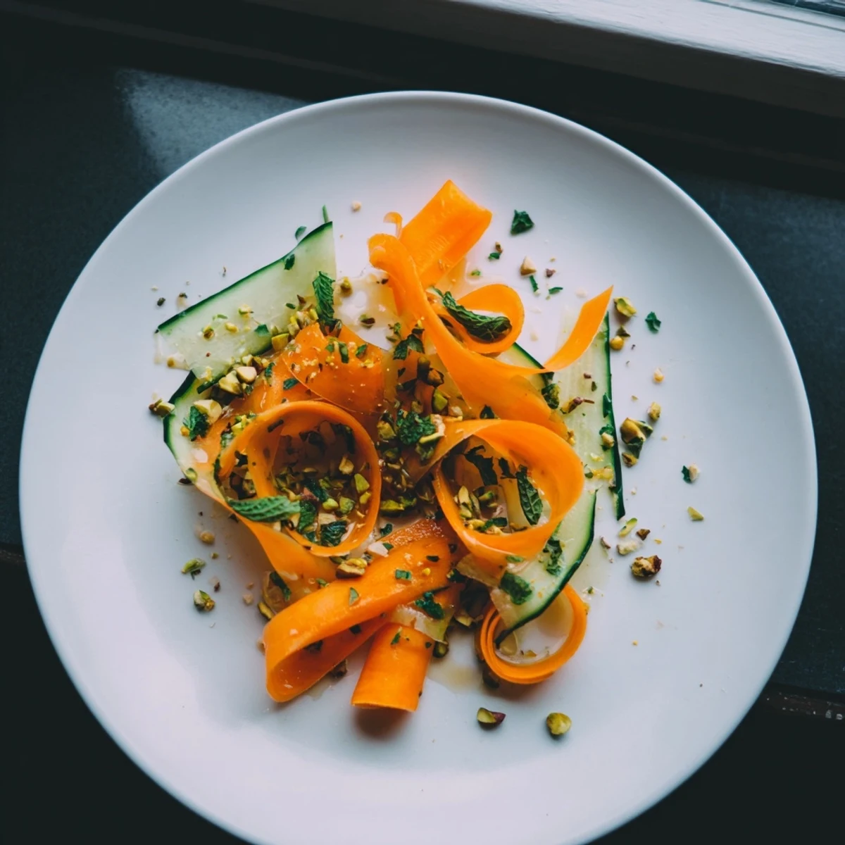 Enjoy a light and healthy bowl of Citrus Carrot Ribbon Salad, with a hint of honey and mint.