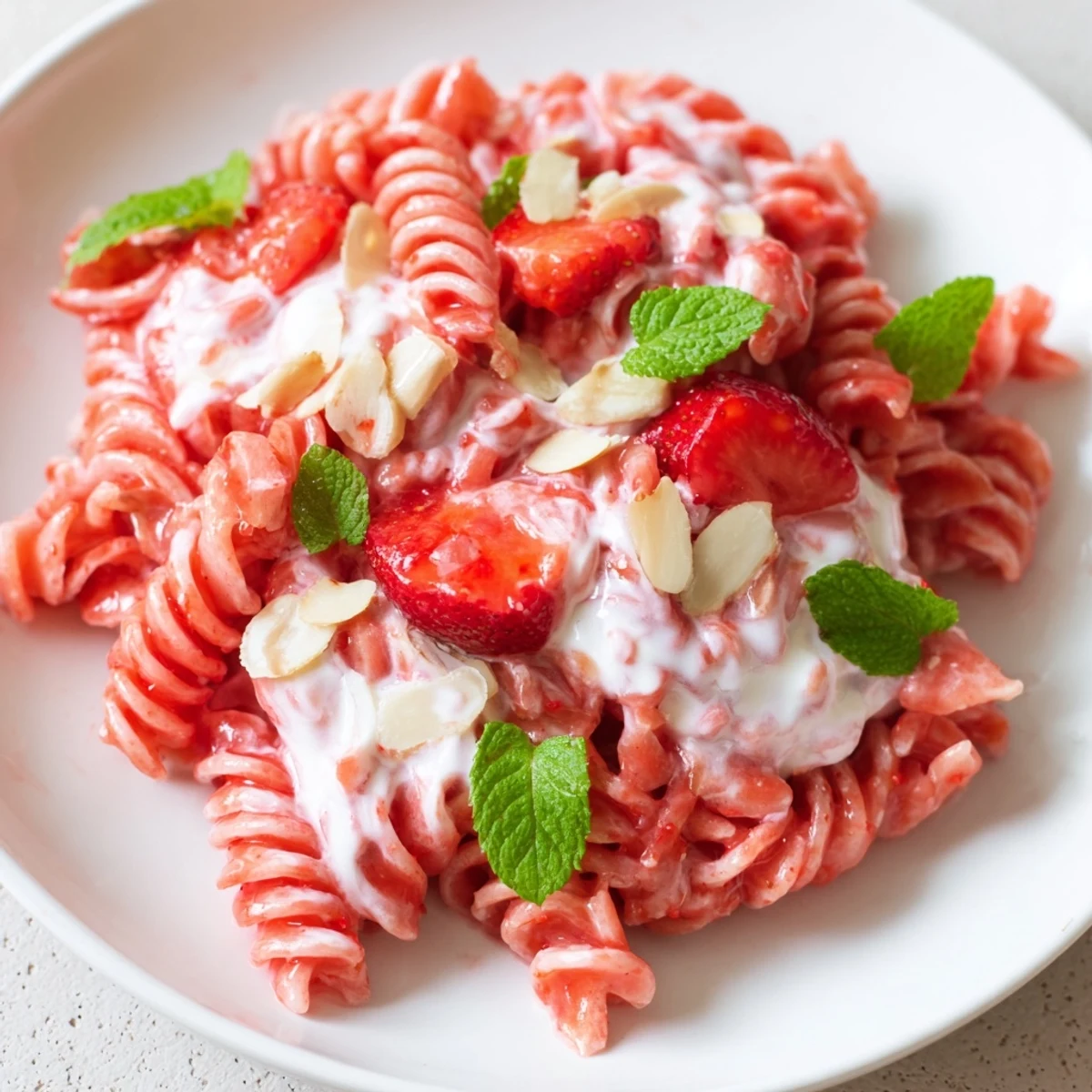Sweet Strawberry Yogurt Pasta, a colorful summer dessert, features macerated strawberries and creamy yogurt.