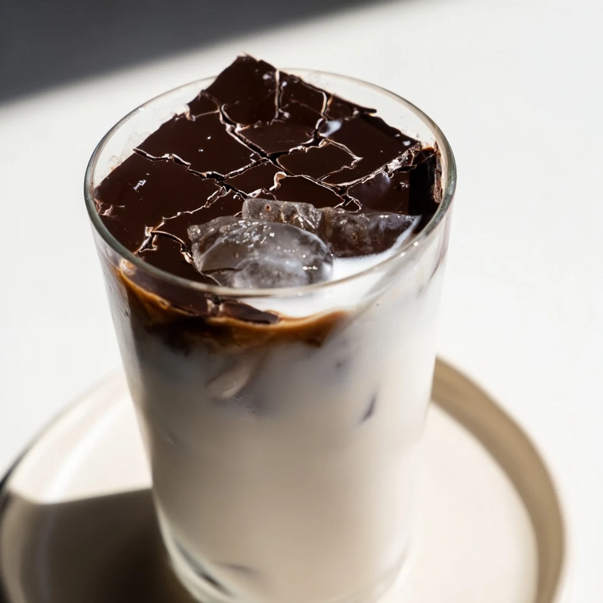 Dark chocolate cracking iced latte, showcasing a layered drink ready to be stirred and enjoyed.