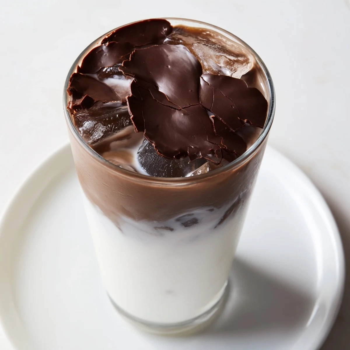 The delicious chocolate cracking iced latte, with a crisp chocolate topping and cold espresso ready to sip.