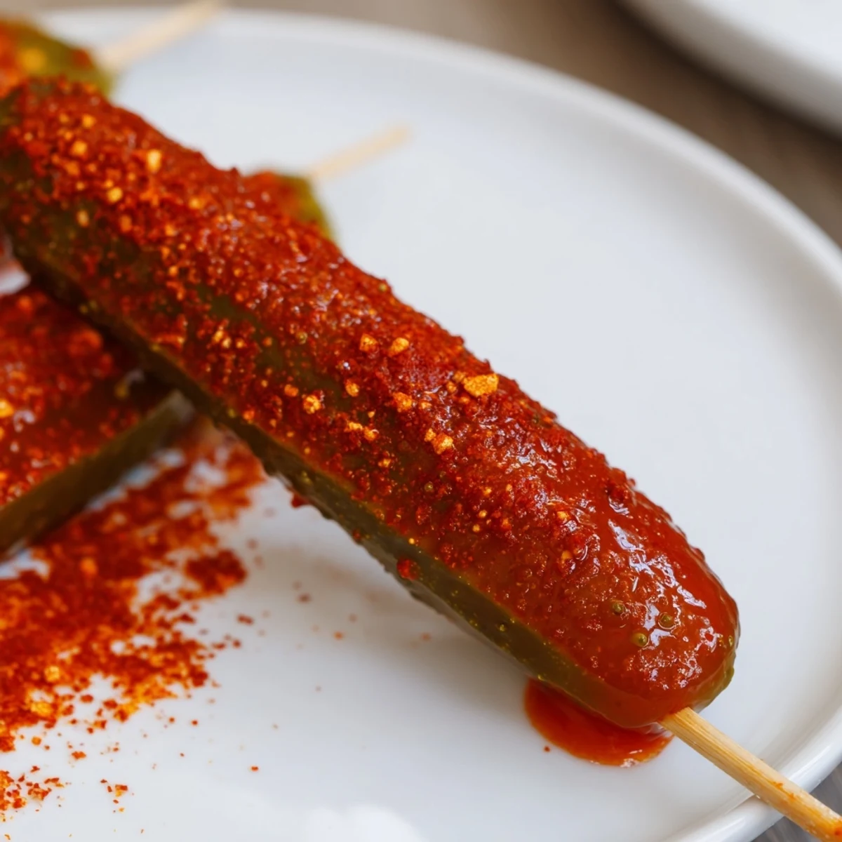 Chamoy-Tajín pickle sticks: vibrant, tangy dill pickles bathed in sticky chamoy and zesty seasoning.