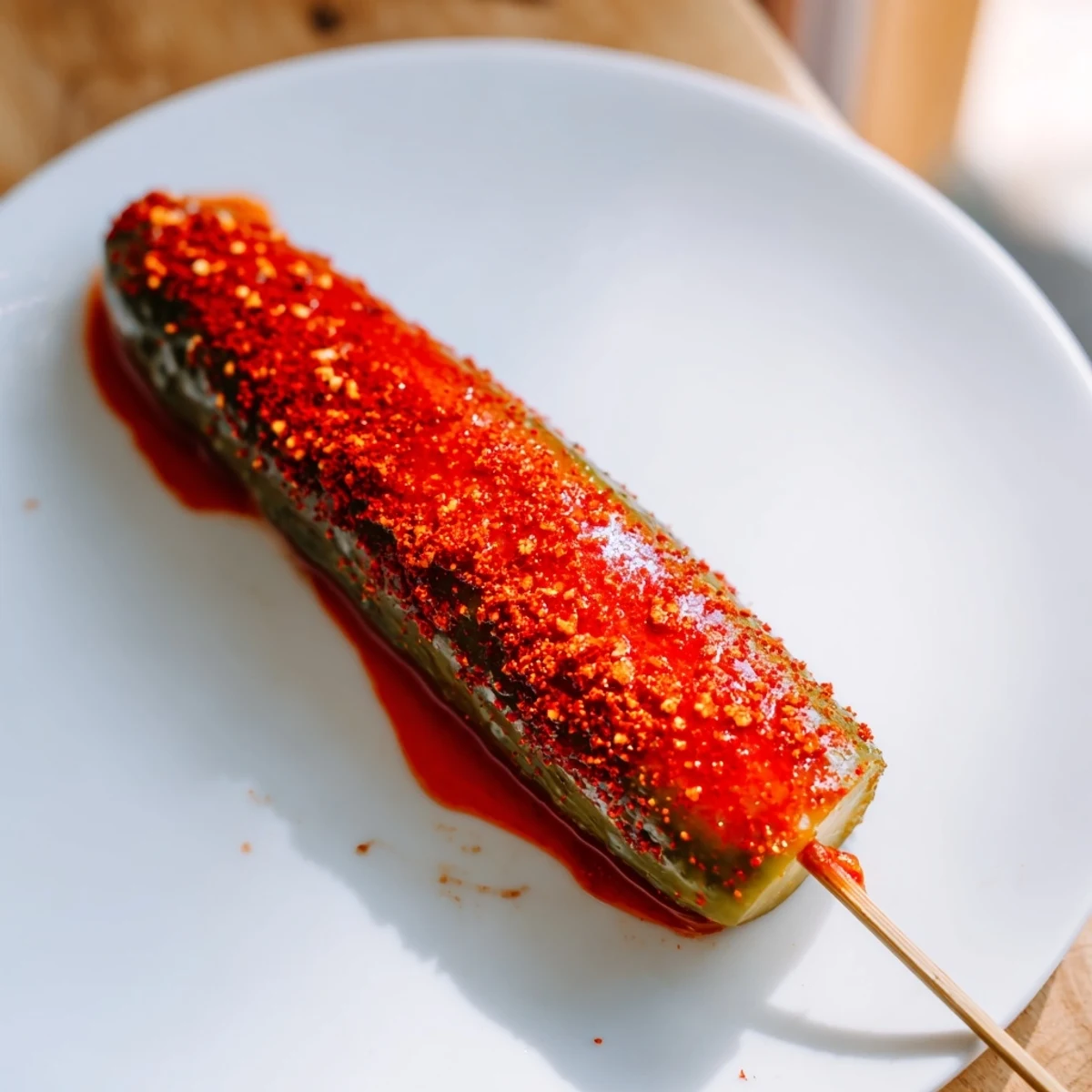 These bright red Chamoy-Tajín pickle sticks offer a sweet, sour, and spicy Mexican-inspired flavor explosion.