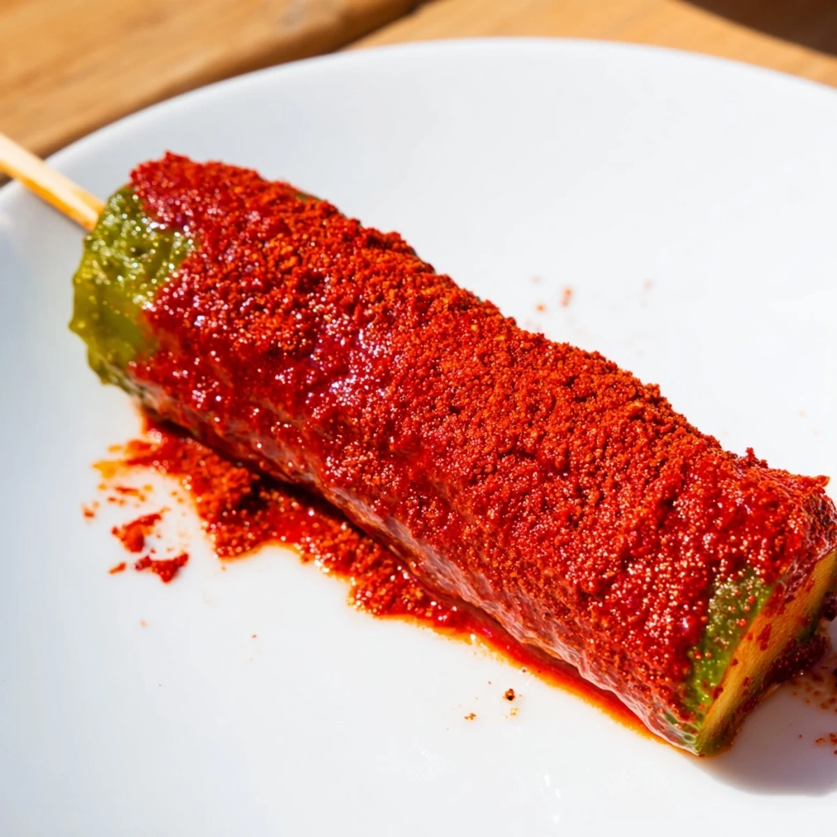 Crisp dill pickles become irresistible Chamoy-Tajín creations, perfect for a refreshing snack with a kick.