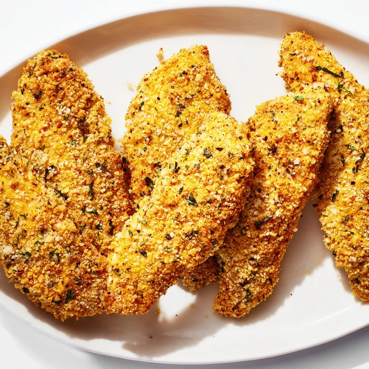 Golden-brown crispy air-fried chicken tenders ready to serve with your favorite dipping sauce.