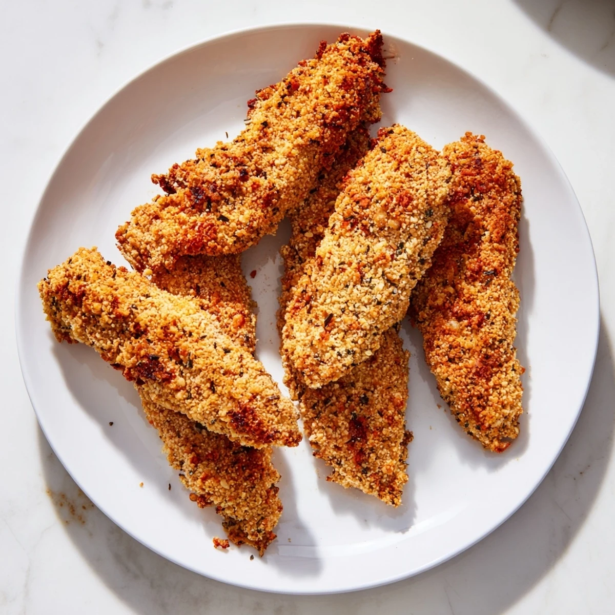 Close-up of perfectly cooked crispy air-fried chicken tenders showing a delicious, crunchy crust.