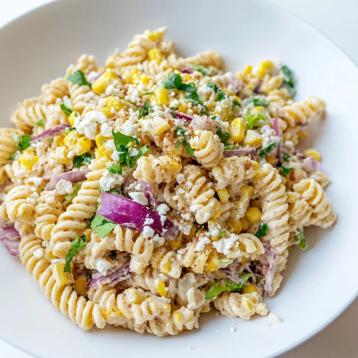 A close-up of Creamy Street Corn Pasta Salad, a colorful vegetarian delight with charred corn.