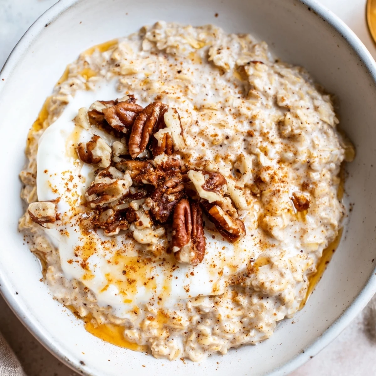 Steaming bowl of Pumpkin Spice Latte Oats, topped with whipped cream and chopped pecans.