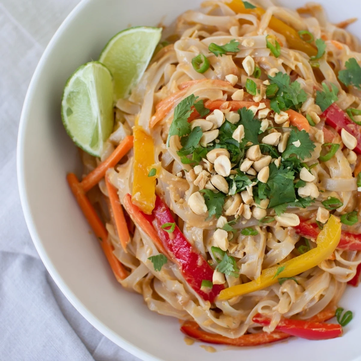 Steaming bowl filled with Spicy Peanut Noodles, garnished with fresh cilantro and crunchy peanuts.